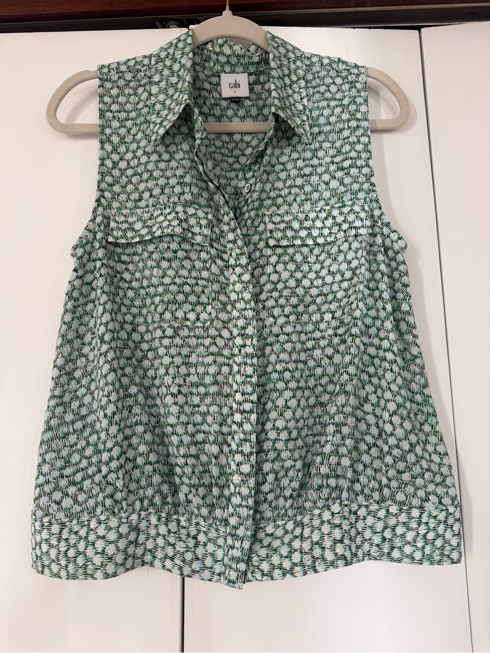 CAbi Sea Glass Shimmer Sleeveless Button Front Top